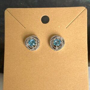 Sterling Silver 925 Round Blue Topaz Diamond Halo Accent Stud Earrings